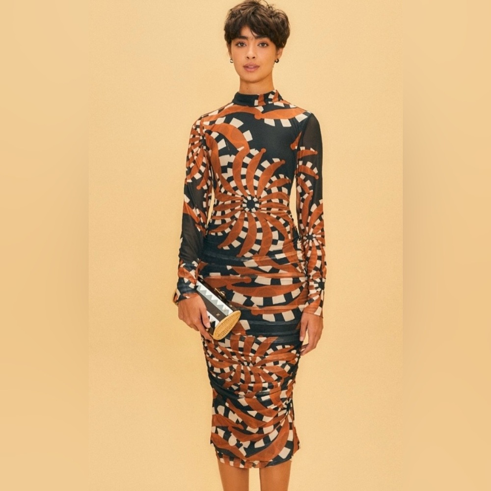 FARM Rio Black and Brown Long-Sleeve Ruched Midi Dress